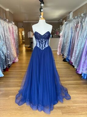 Strapless Navy Blue Lace Appliqué Evening Gown